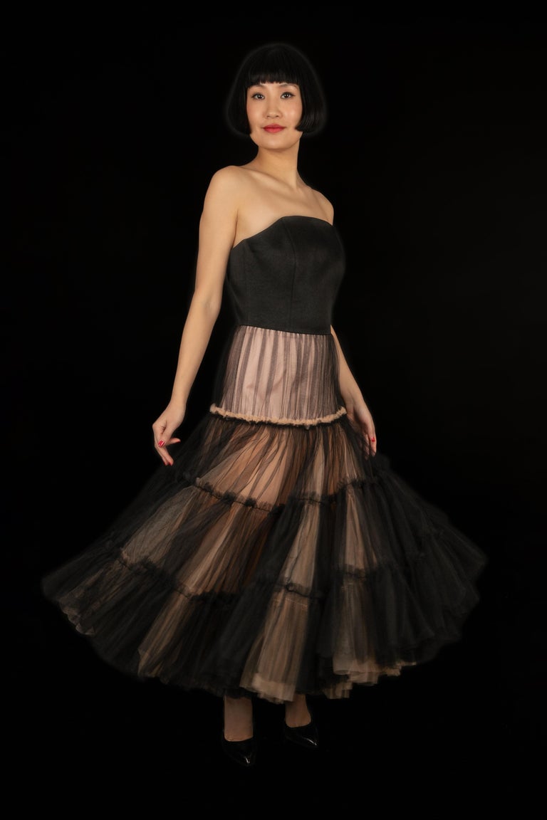 Paule Ka Black Satin Bustier Dress With Tulle Skirt Paule Ka Black Satin Bustier Dress With Tulle Skirt