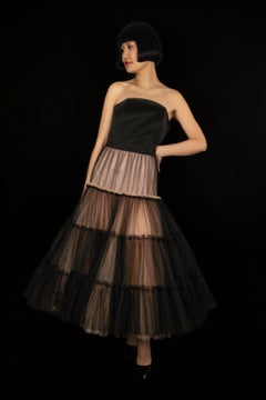 Paule Ka Black Satin Bustier Dress with Tulle Skirt