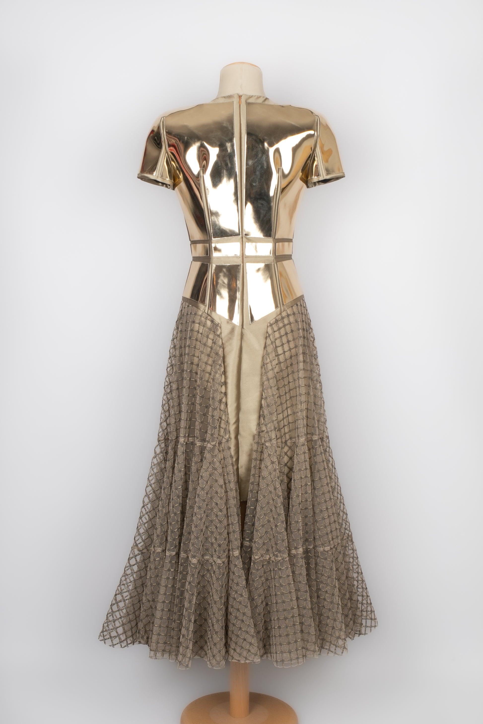 Paule Ka Fishnet, Taffeta and Vinyl Golden Maxi Dress In Excellent Condition For Sale In SAINT-OUEN-SUR-SEINE, FR