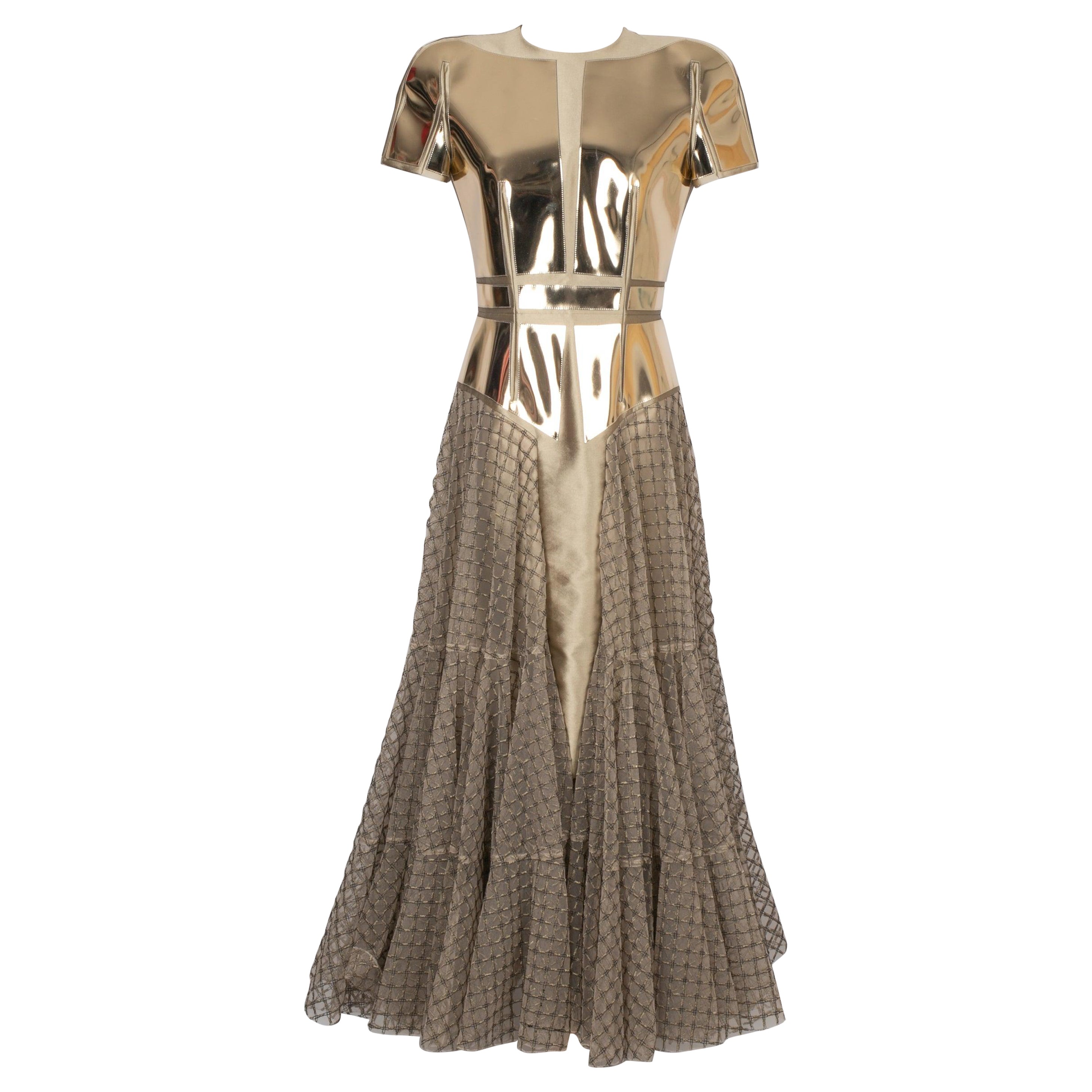 Goldenes Maxikleid aus Taft, Taft und Vinyl von Paule Ka Fishnet im Angebot