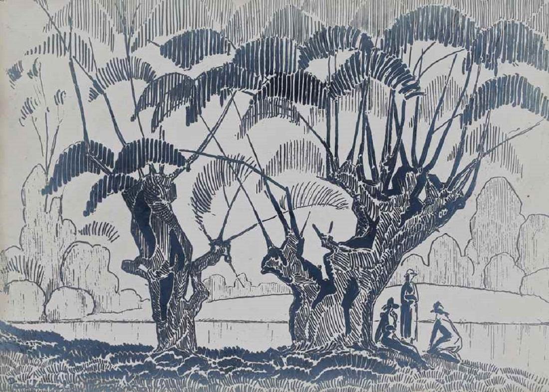 Deux femmes au bord d'une rivière par Paulémile Pissarro - Gravure sur bois