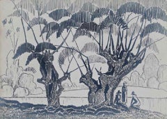 Dos mujeres junto a un río de Paulémile Pissarro - Grabado en madera