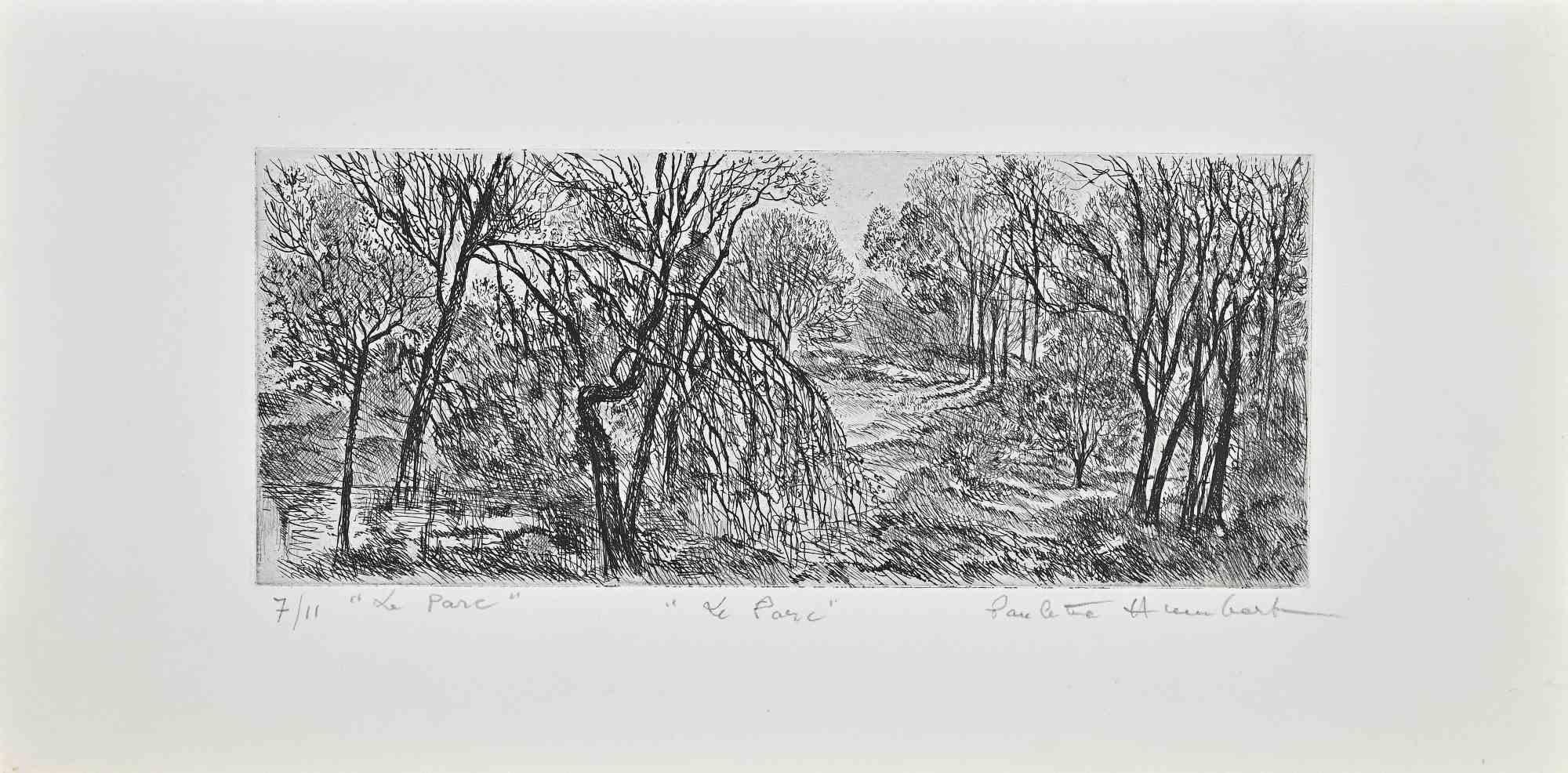 The Forest is an etching print on paper realized in the 1940s by Paulette Humbert.

Hand-signed on the lower.

Numbered on the lower left, a rare edition of 7/11 prints.

Very Good conditions.

The artwork is depicted through short, expressive