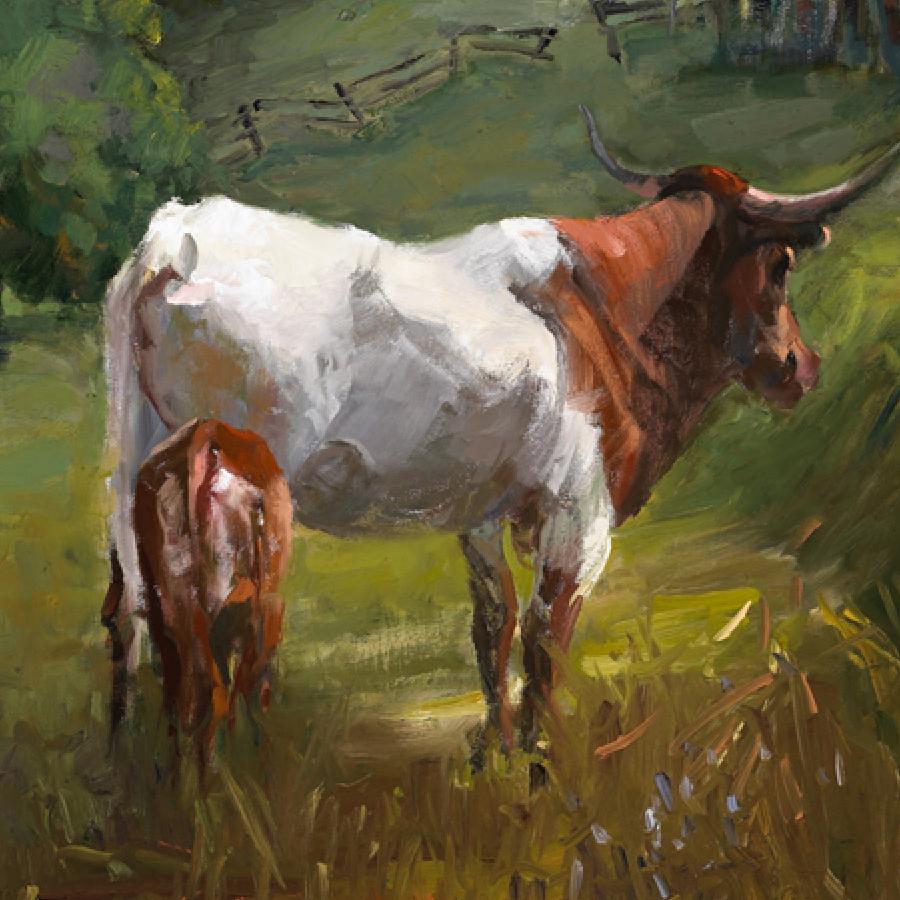Un par de cuernos en Texas  Óleo Western Art Paisaje  Arte del Suroeste OPA - Painting Impresionista de Paulette Lee