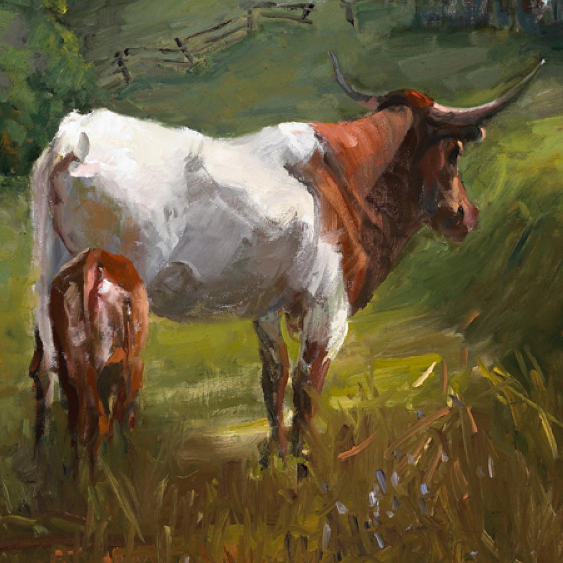 Un par de cuernos en Texas  Óleo Western Art Paisaje  Arte del Suroeste OPA en venta 1
