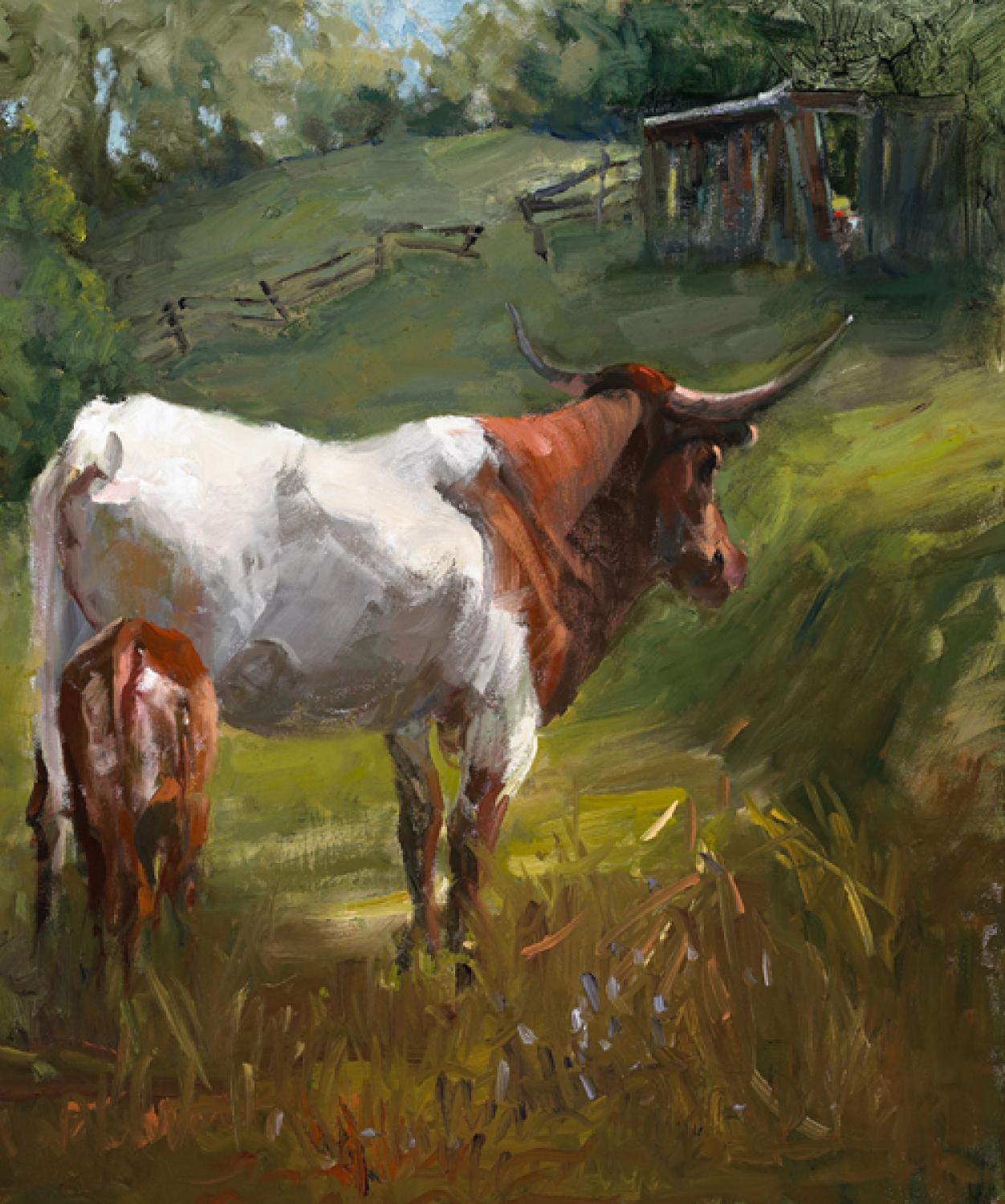 Un par de cuernos en Texas  Óleo Western Art Paisaje  Arte del Suroeste OPA en venta 2