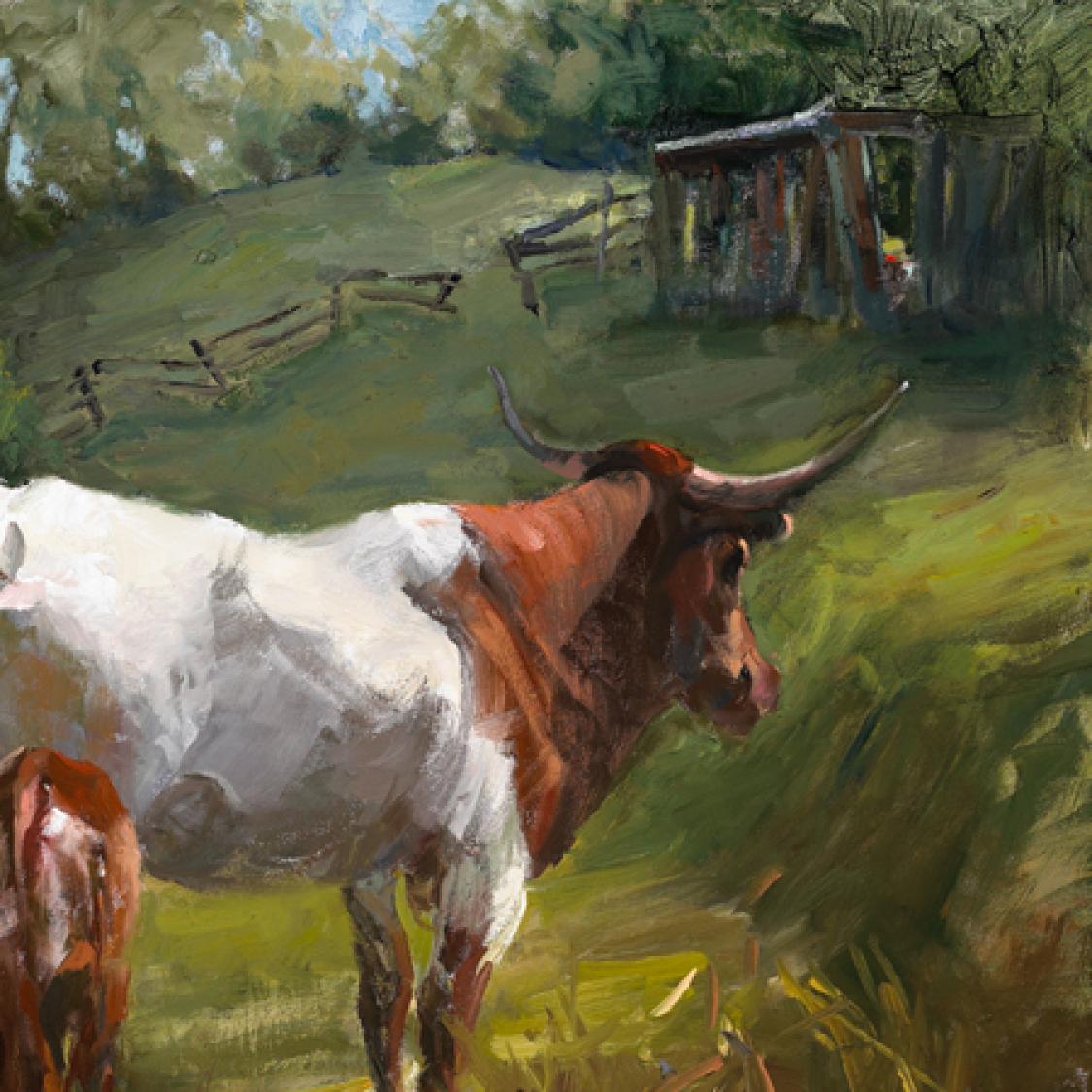 Un par de cuernos en Texas  Óleo Western Art Paisaje  Arte del Suroeste OPA en venta 3