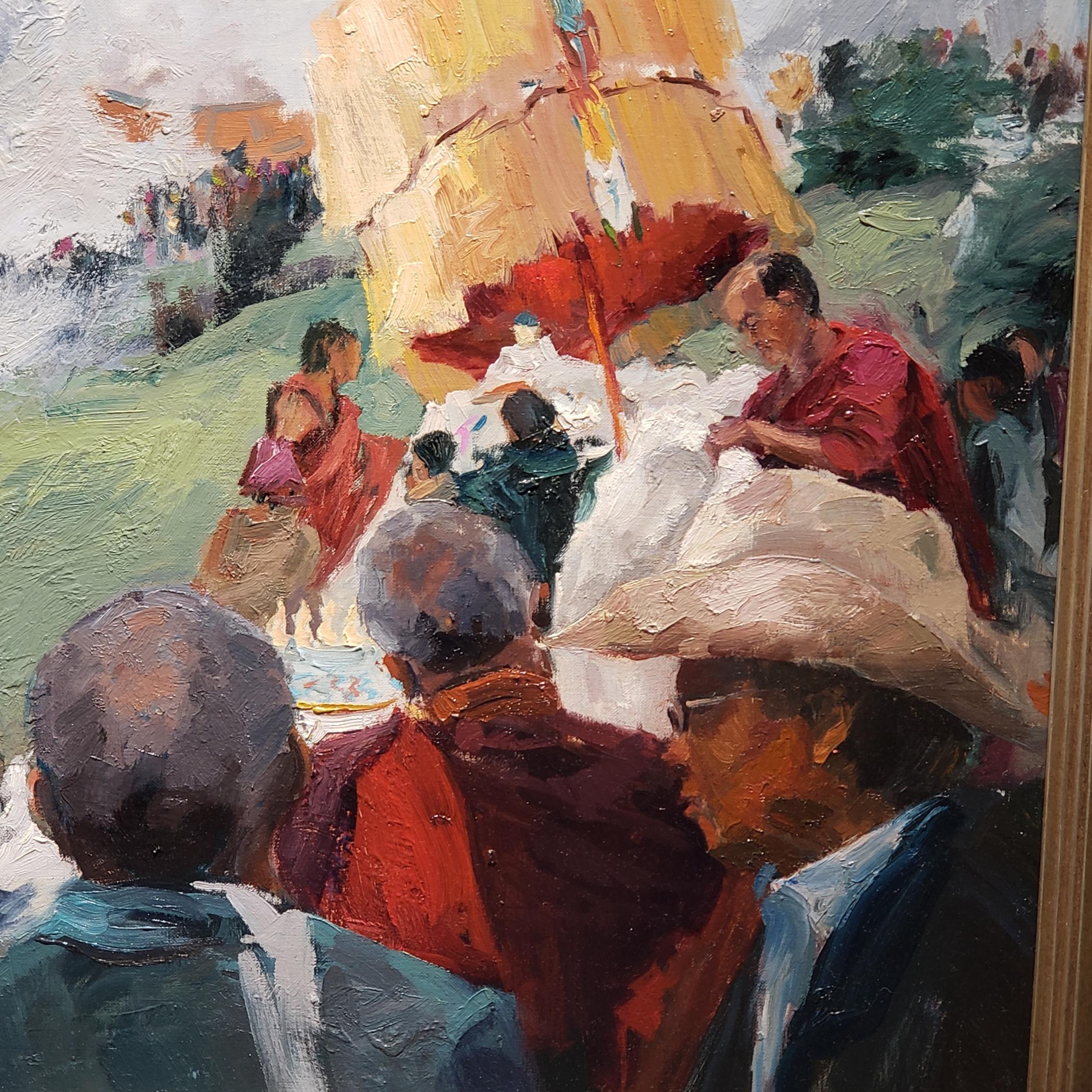 Quadro ad olio Celebrazioni a Shonton, Premio di Eccellenza, Bandiere di preghiera, incorniciato - Painting di Paulette Lee
