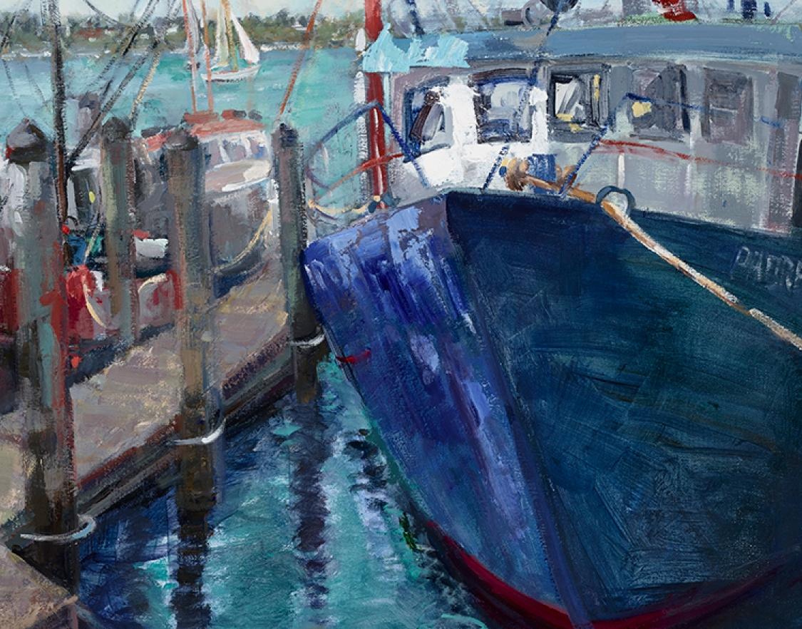 Docked in San Francisco Bay, Ölgemälde  Wasser Meer  OPA-Mitglied (Violett), Landscape Painting, von Paulette Lee