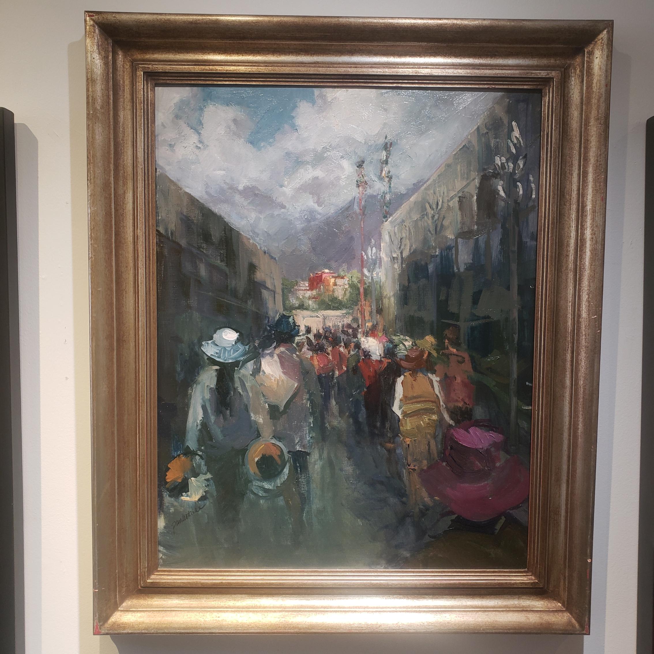 On the way to Shonton oil painting, Award of Excellence, Prayer Flags, framed - Impressionist Painting by Paulette Lee