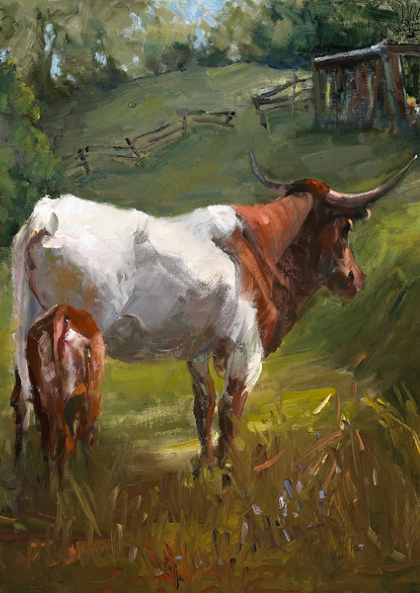 Texas Longhorn, Ölgemälde, Auszeichnung für herausragende Leistungen, Südwest-Kunst, Western-Kunst – Painting von Paulette Lee