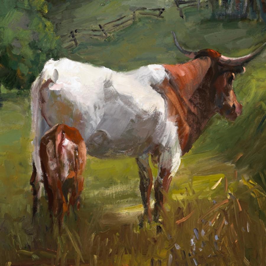 Texas Longhorn, Ölgemälde, Auszeichnung für herausragende Leistungen, Südwest-Kunst, Western-Kunst (Impressionismus), Painting, von Paulette Lee
