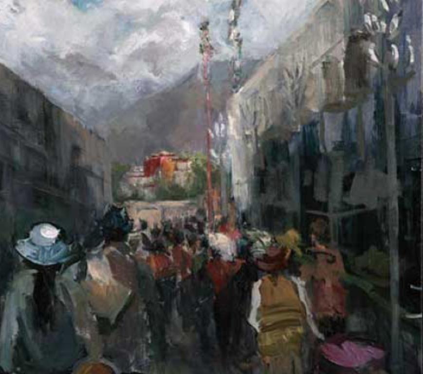Festival tibetano a Shorton  Bandiere di preghiera OPA Olio con cornice Lhasa - Painting di Paulette Lee