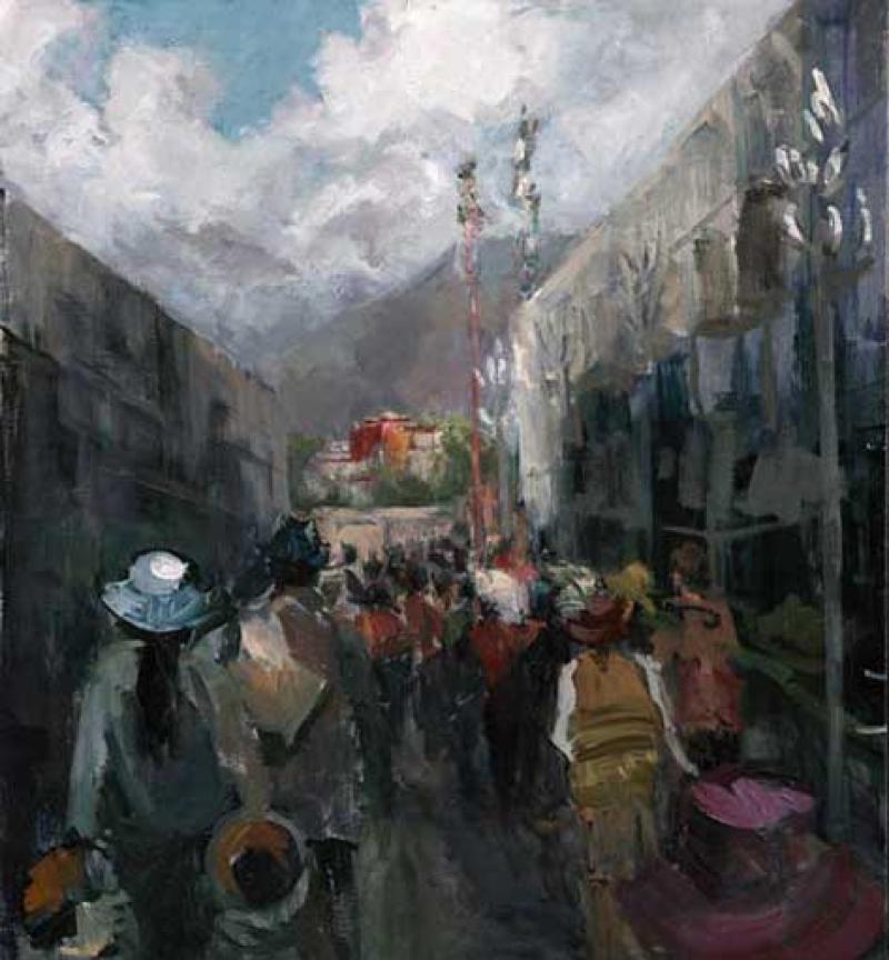 Festival tibetano a Shorton  Bandiere di preghiera OPA Olio con cornice Lhasa - Landscape Painting Nero di Paulette Lee