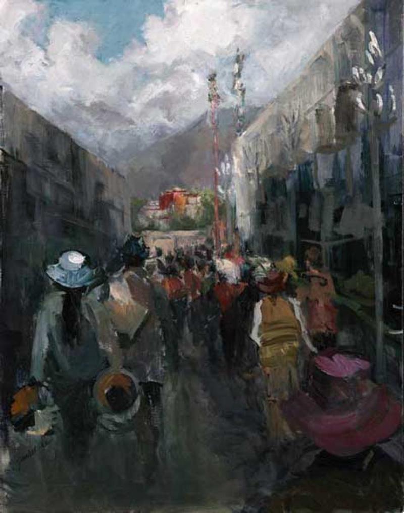 Landscape Painting di Paulette Lee - Festival tibetano a Shorton  Bandiere di preghiera OPA Olio con cornice Lhasa