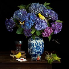Hortensias Azules, Canarios Amarillos y Carta de Amor - 16 x 16 pulgadas