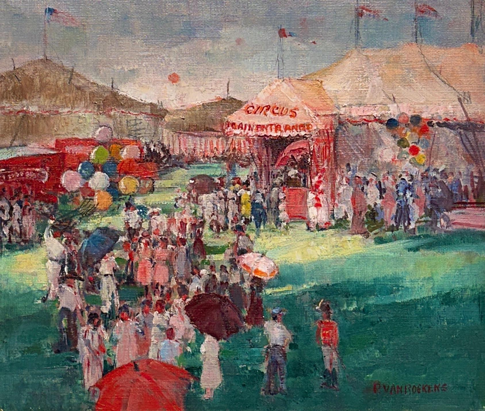 This vibrant painting, "Circus" by Paulette van Roekens, captures the energy and excitement of a classic circus scene, bursting with color and lively detail. Van Roekens brings the joy of this timeless spectacle to life. The artwork comes with a