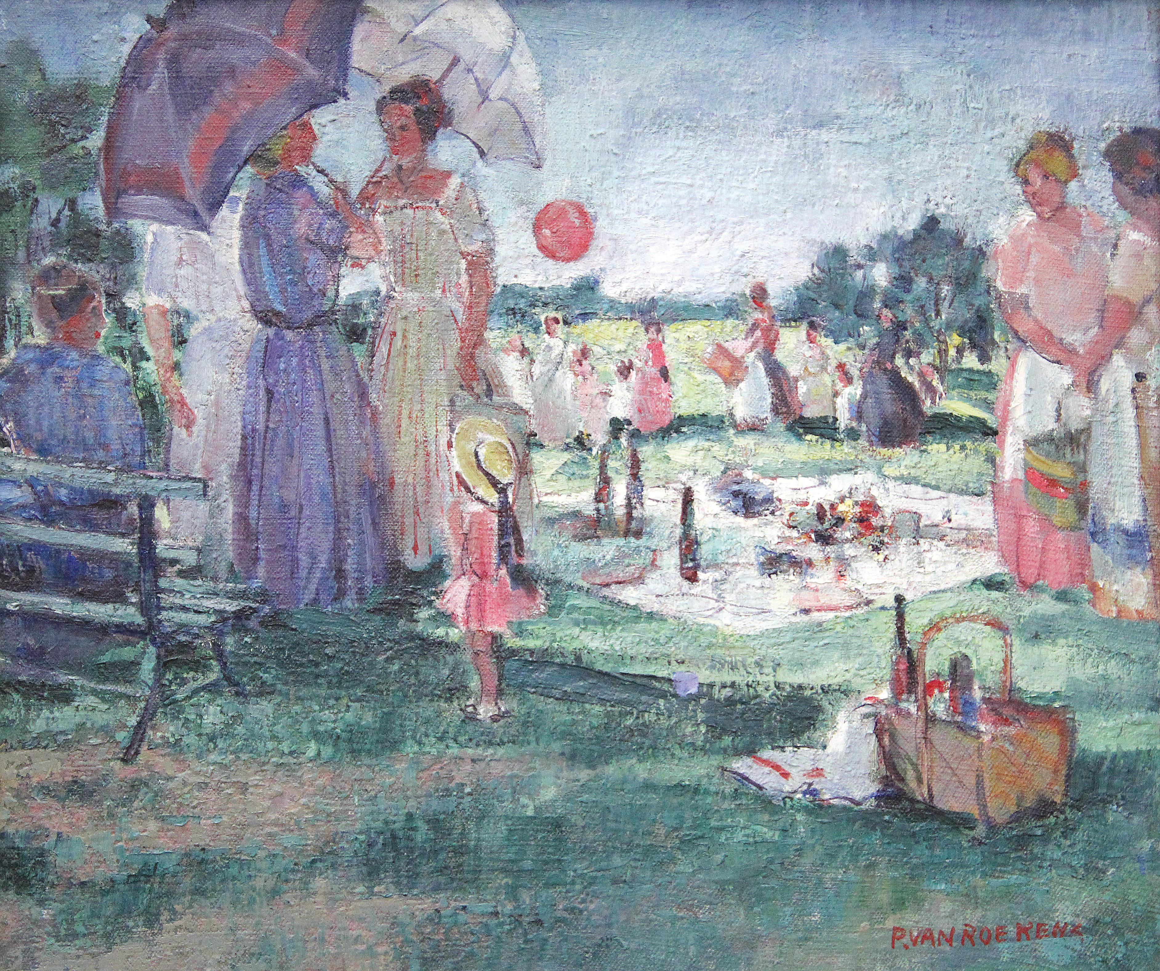 Paulette Van Roekens, The Picnic, Oil on Canvas, 1930's - Painting by Paulette Victorine J. Van Roekens