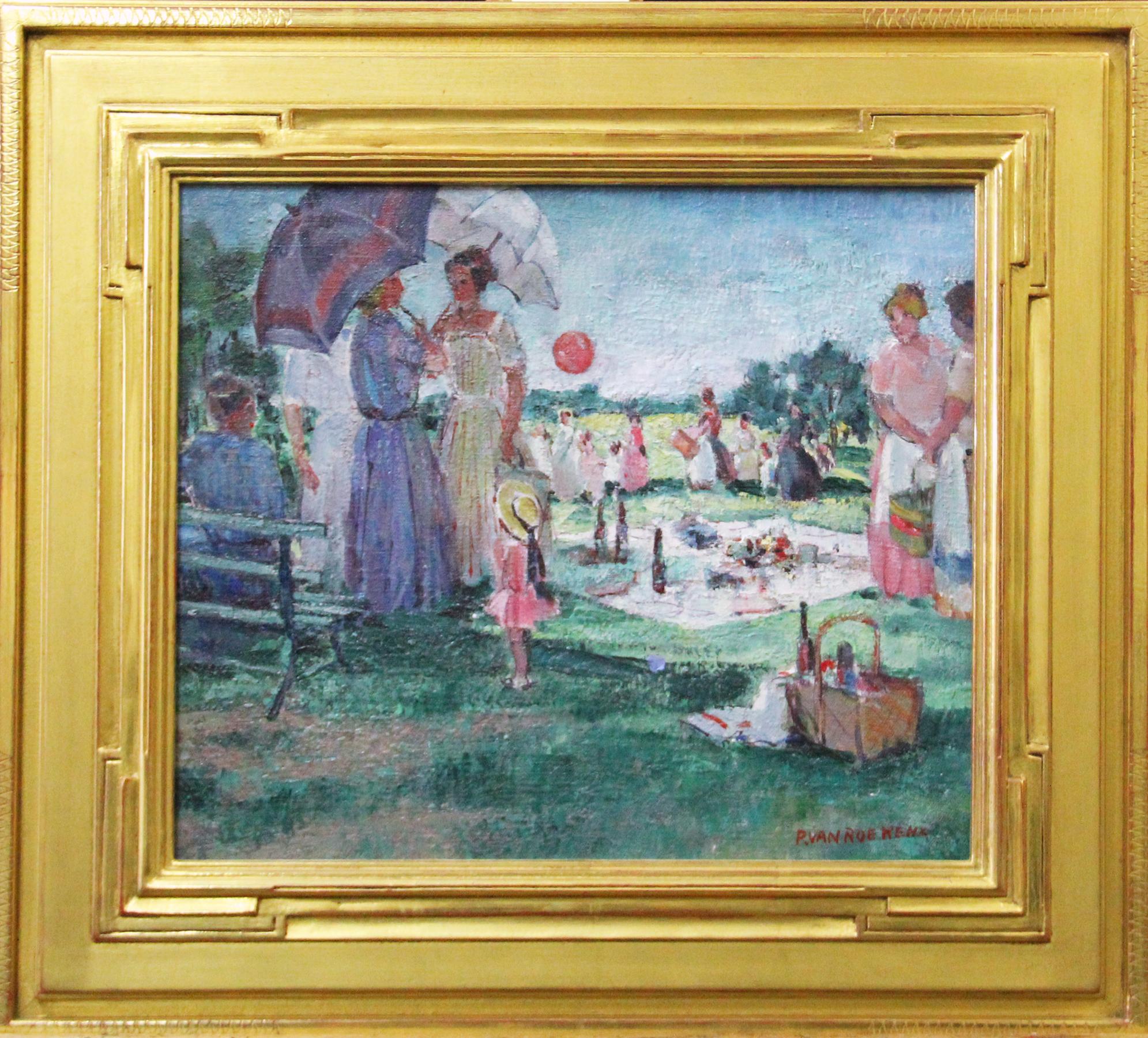 Paulette Victorine J. Van Roekens Landscape Painting - Paulette Van Roekens, The Picnic, Oil on Canvas, 1930's