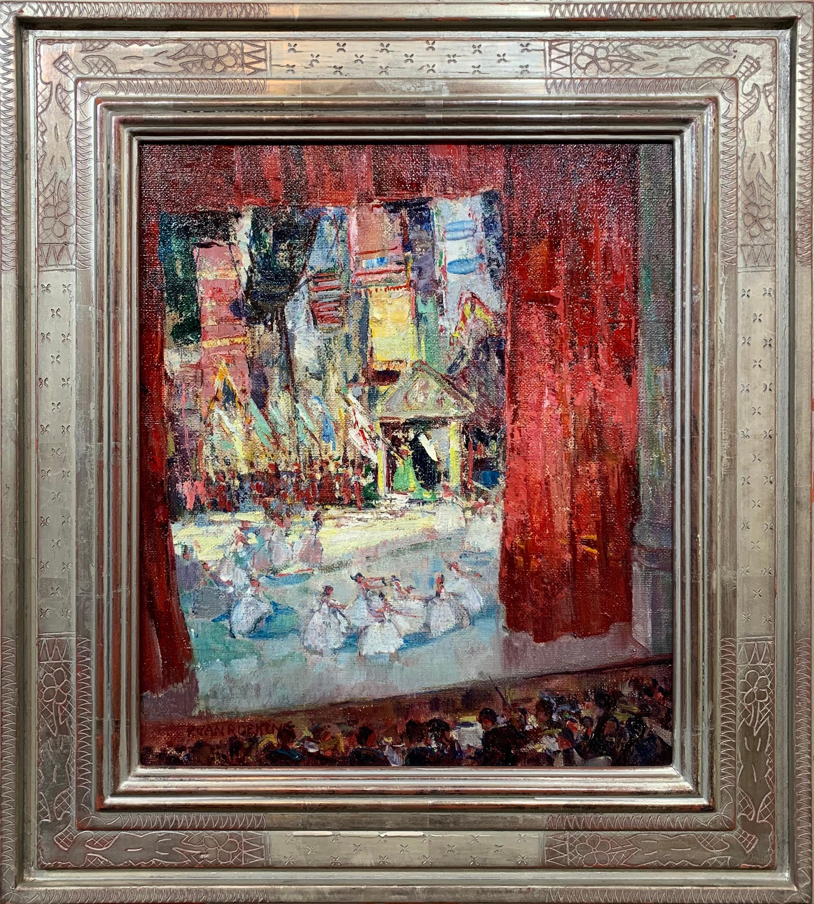 Red Curtains, American Impressionist Ballet and Orchestra Theater Scene - Painting by Paulette Victorine J. Van Roekens