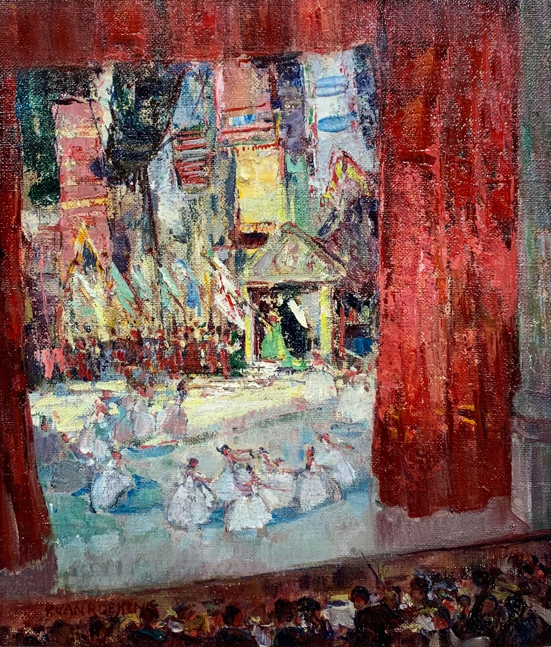 Paulette Victorine J. Van Roekens Figurative Painting - Red Curtains, American Impressionist Ballet and Orchestra Theater Scene