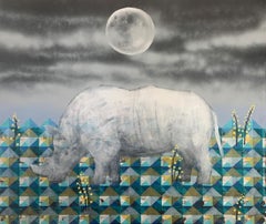White rhino - Acrylic painting, Figurative, Animal, Pop art, Polish artist