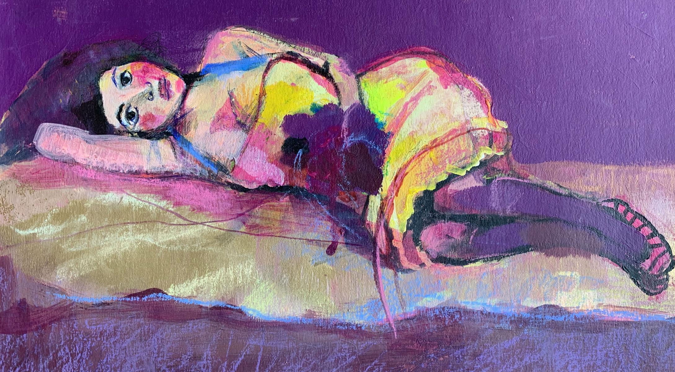 A girl. Female portrait, Figurative painting, Mixed media, Polish artist - Purple Figurative Painting by Paulina Maksjan