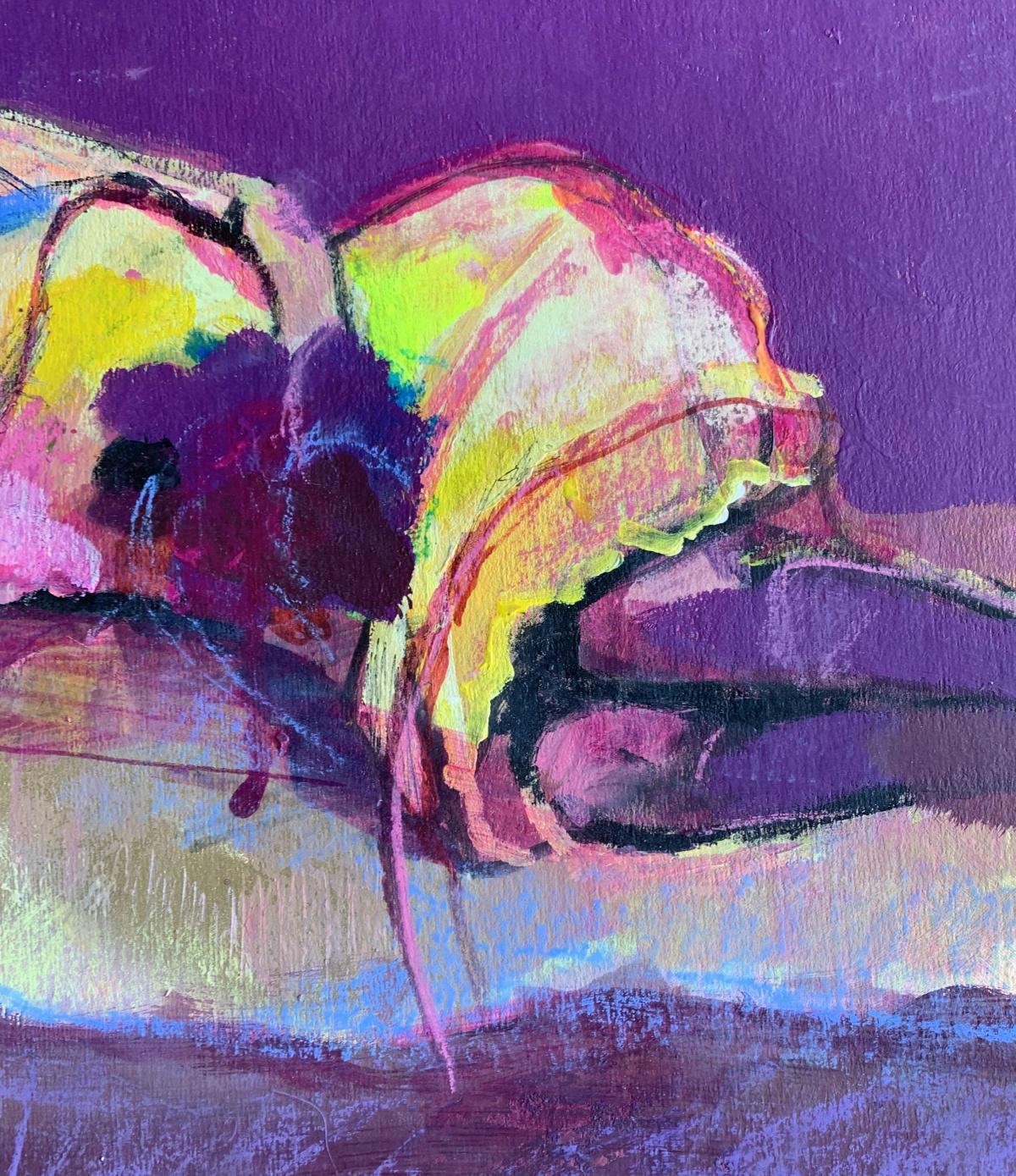 Contemporary mixed media (oil paint, crayons, paper collage on paper) portrait by Polish artist Paulina Maksjan. Painting is mostly in burgundy and purple colors. Artwork depicts a woman with lying on her side, making eye contact with the viewer.