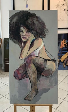 Un genou. Portrait féminin, peinture figurative, artiste polonaise