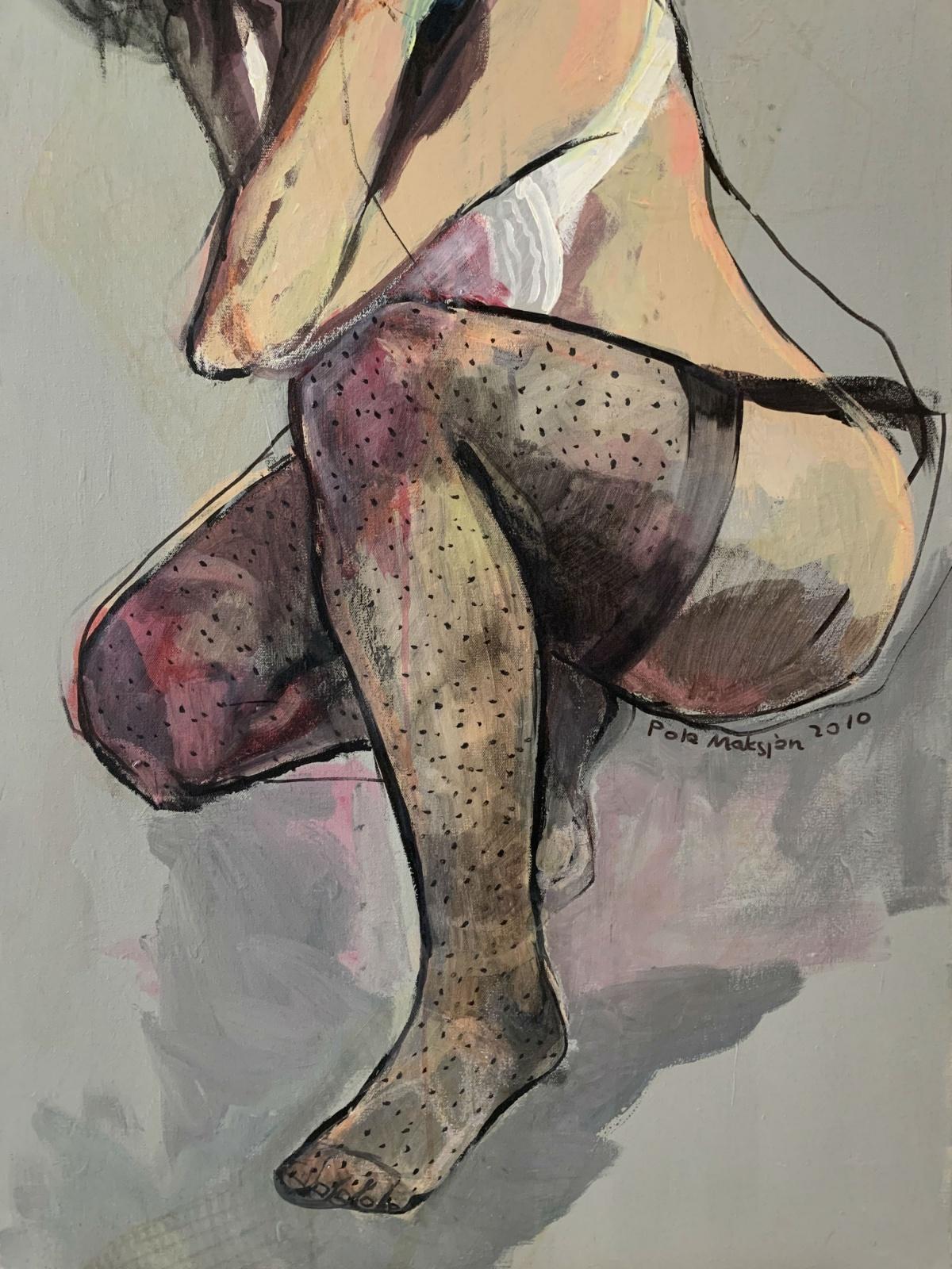 Contemporary oil canvas figurative painting by Polish artist Paulina Maksjan. Painting is mostly grey, with black and colorful additions. Artwork depicts a woman looking directly at the viewer. Title of this piece of art is 'A knee'. 

PAULINA