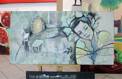 Fleurs. Portrait féminin, peinture figurative, techniques mixtes, artiste polonaise