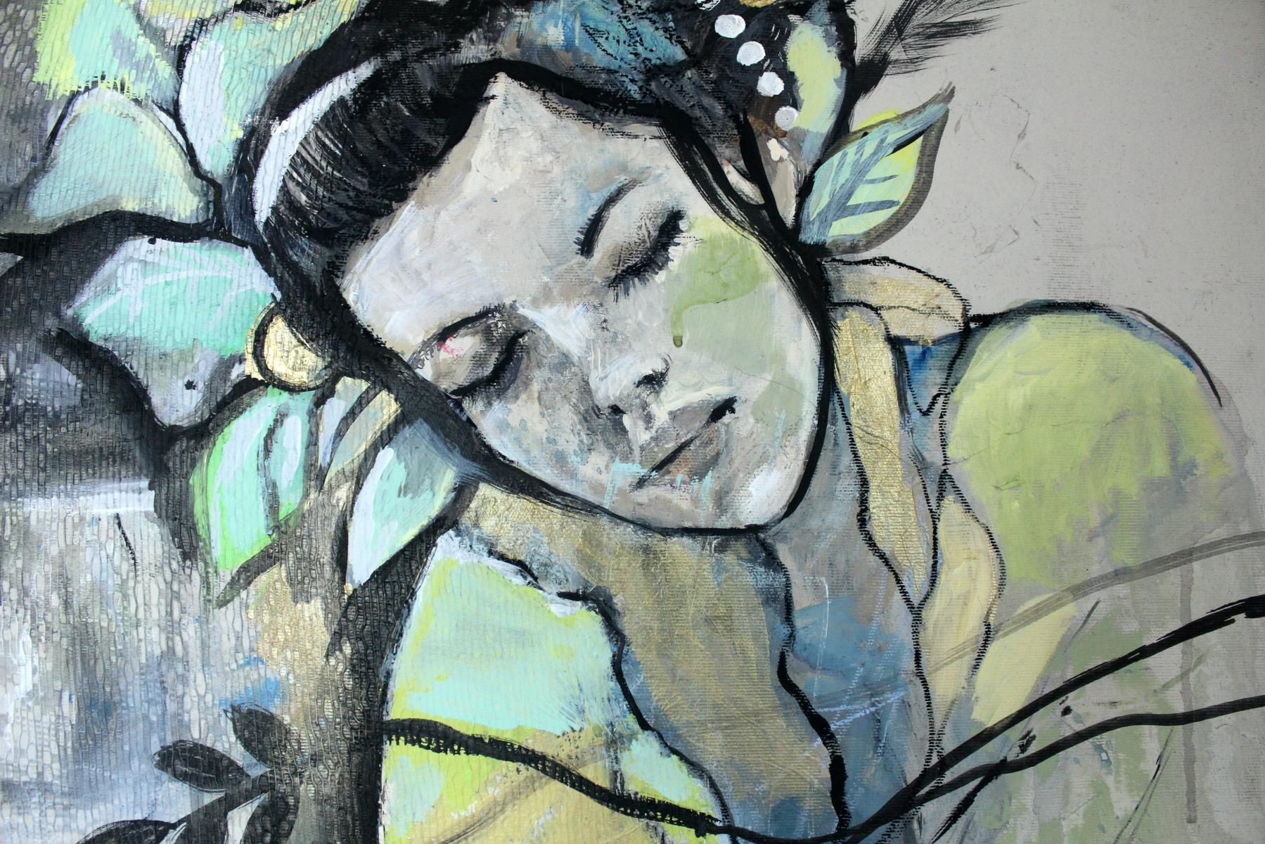 Flowers. Female portrait, Figurative painting, Mixed media, Polish artist - Gray Figurative Painting by Paulina Maksjan