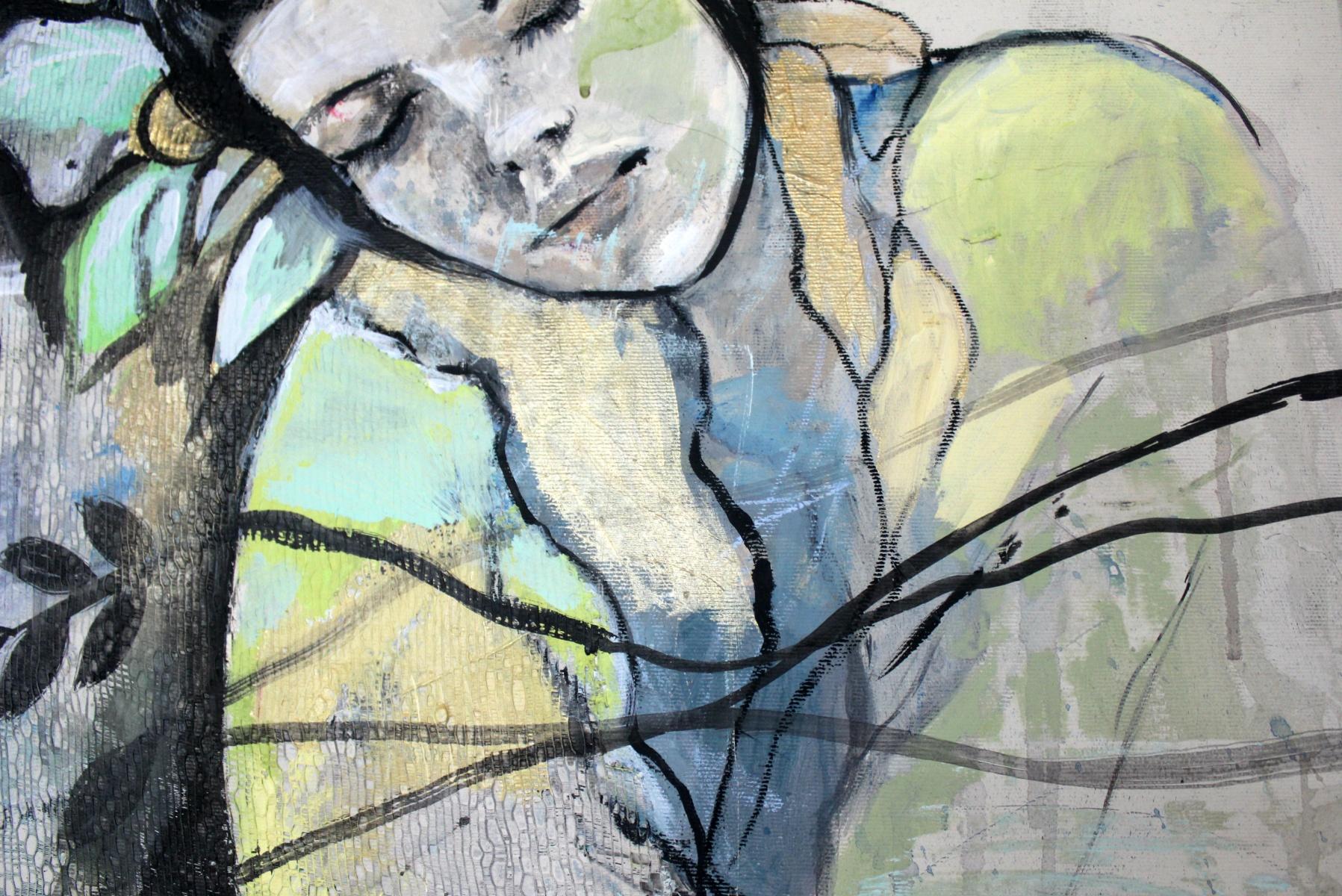 Contemporary oil and lace fabric on canvas portrait by Polish artist Paulina Maksjan. Painting is monochromatic, it is grey-ish/green-ish with golden. Artwork depicts a woman with her eyes closed, she has an intricate headwear with leaves. In the