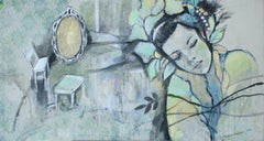 Fleurs. Portrait féminin, peinture figurative, techniques mixtes, artiste polonaise