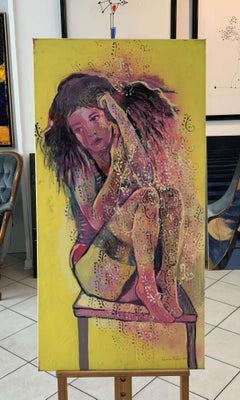 Thoughtfulness - XXIe siècle, peinture figurative en techniques mixtes, portrait de femme