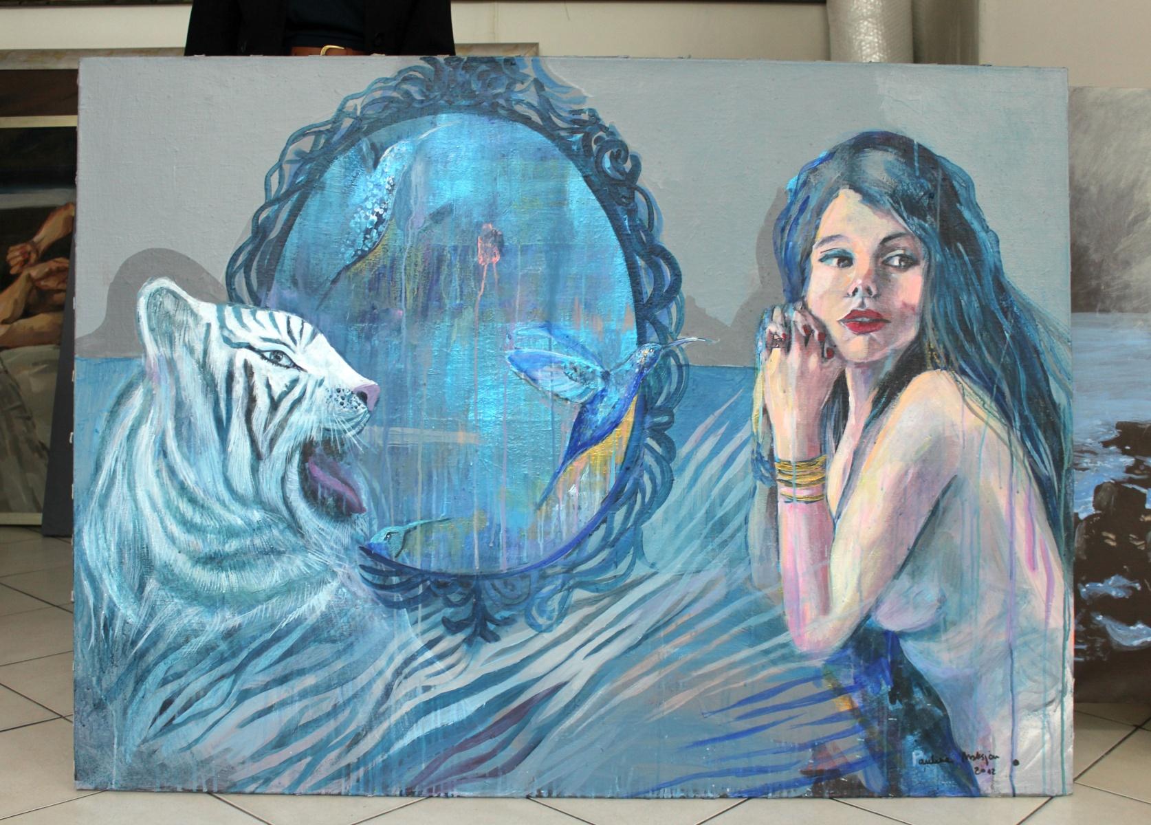 Transformation. Female portrait, Figurative painting, Tiger, Polish artist - Painting by Paulina Maksjan
