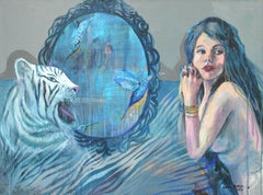 Transformation. Female portrait, Figurative painting, Tiger, Polish artist