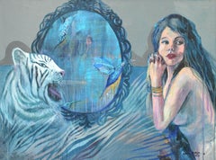 Umwandlung. Frauenporträt, Figurative Malerei, Tiger, polnische Künstlerin