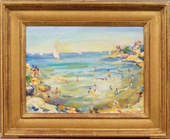 Antique American Impressionist Beach Scene Signed Framed Oil Painting