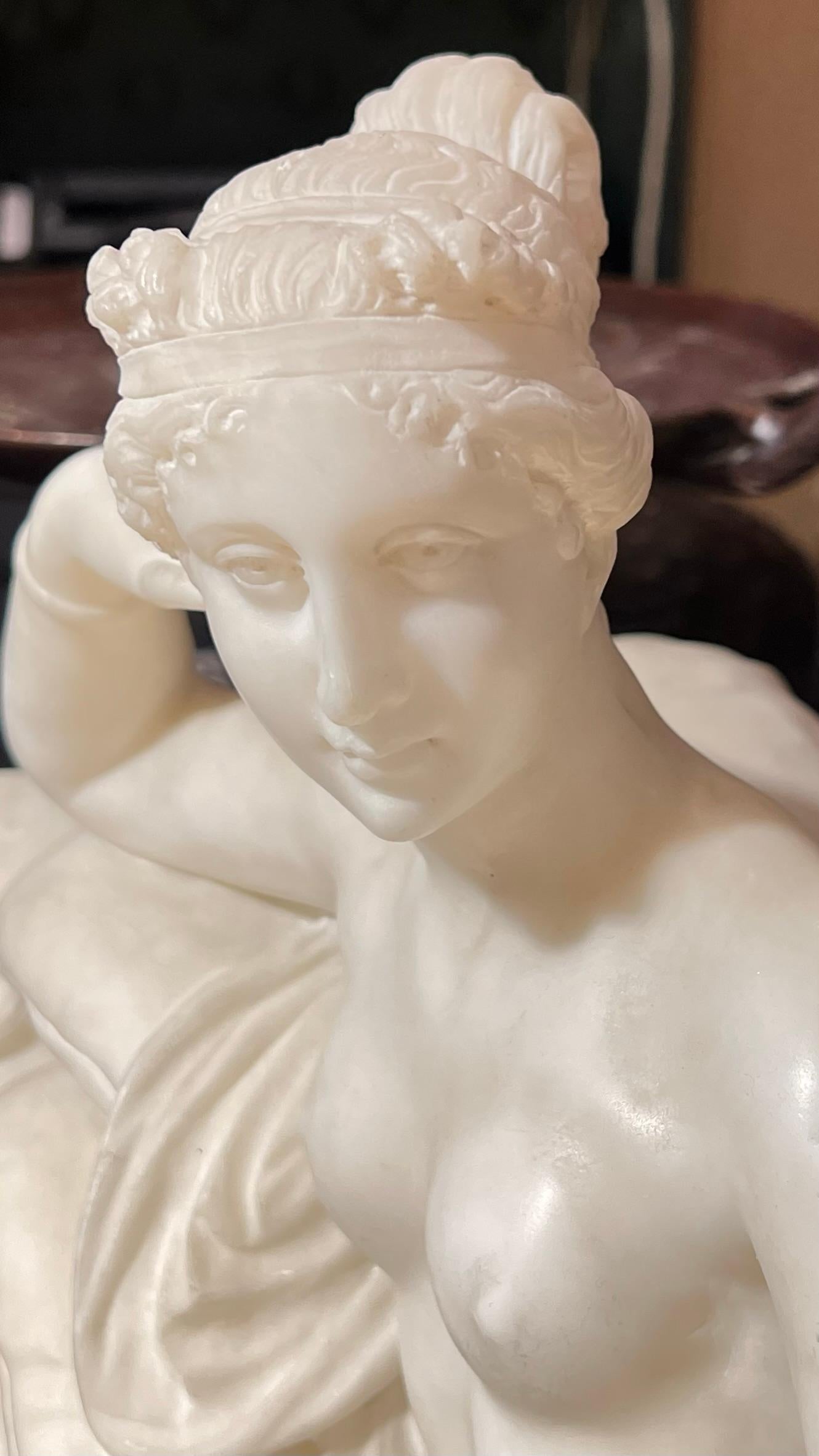 Hand-Carved Pauline Bonaparte as Venus Victrix Alabaster Sculpture After Antonio Canova For Sale