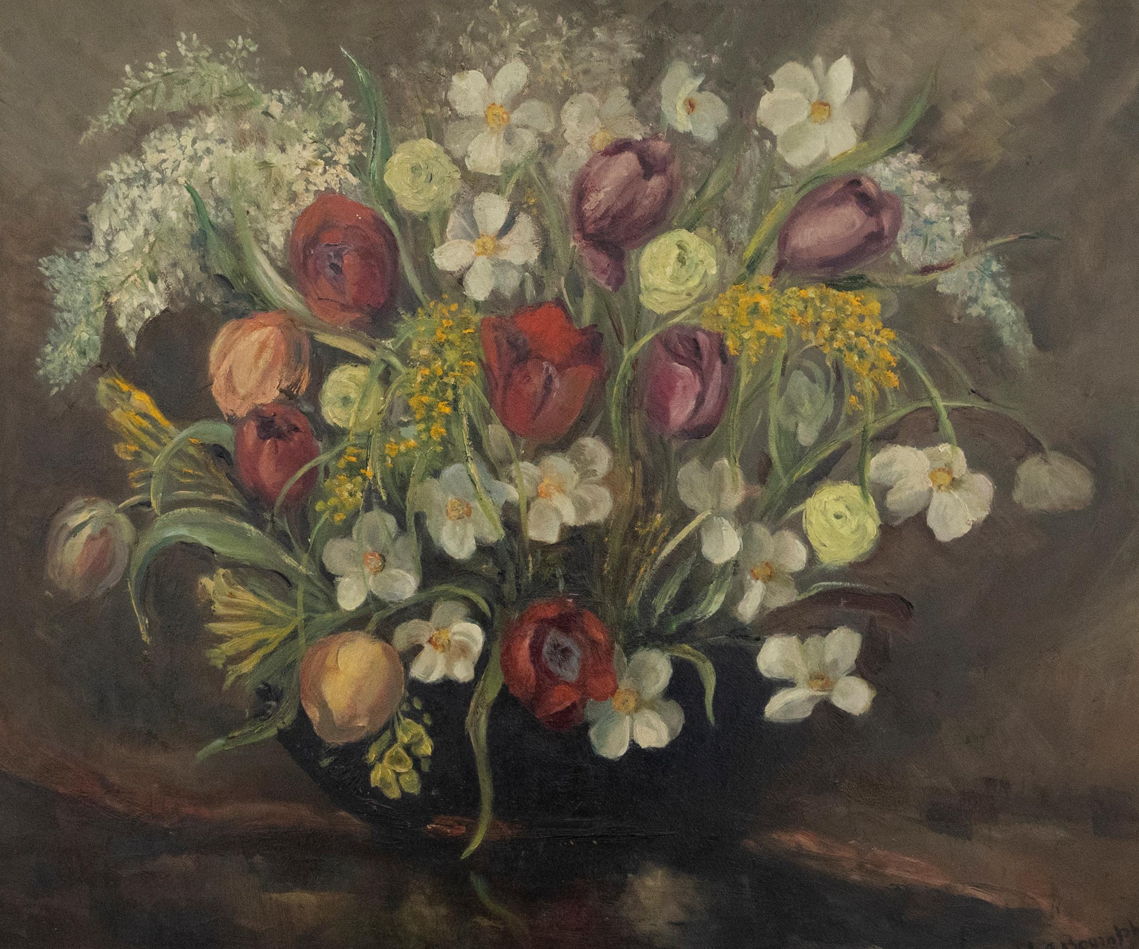 Pauline Boumphrey (1886-1959) - Olio incorniciato della metà del XX secolo, Fiori di primavera 1