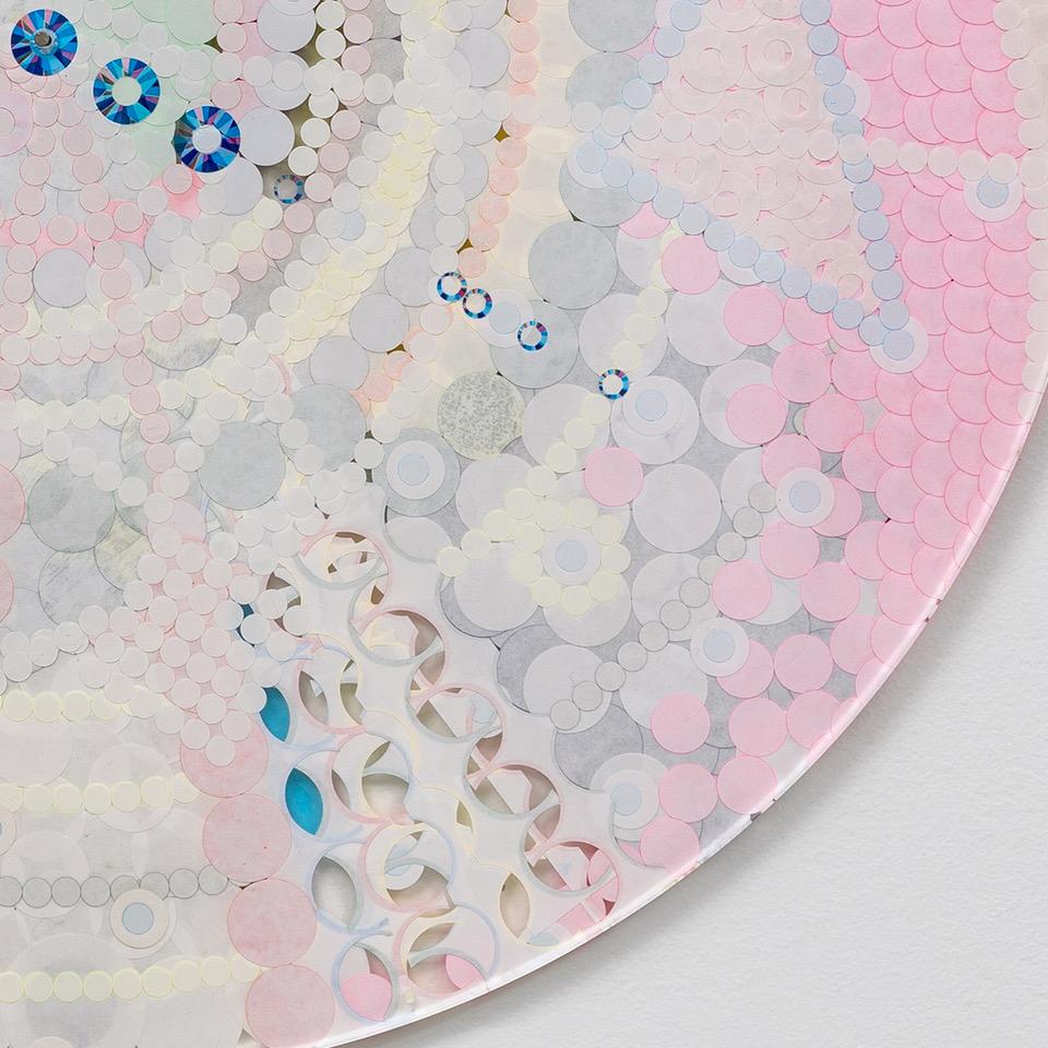 Artist Statement:
The Fusion Mandalas works are collages made out of commonly used color-coded dot stickers, the ones we use to organize, arrange, and sell. I want the work to interrogate the idea of devotional and meditative journeys. The purity of