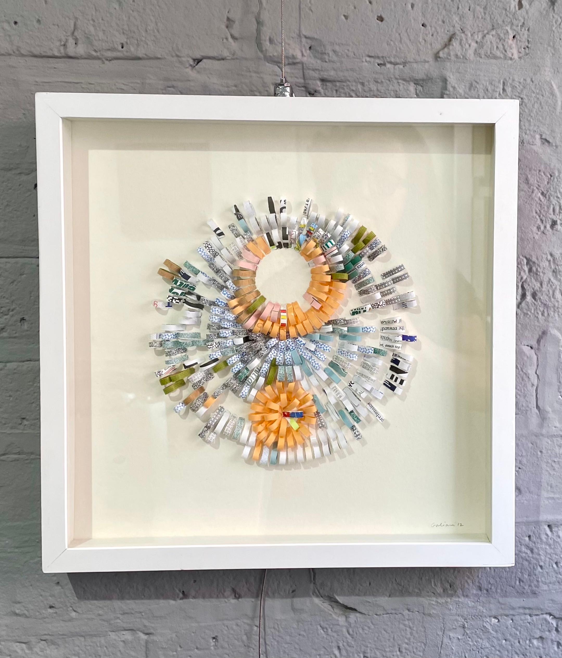 Shredded #43-  Blue orange abstract circle collage with shredded paper framed For Sale 1