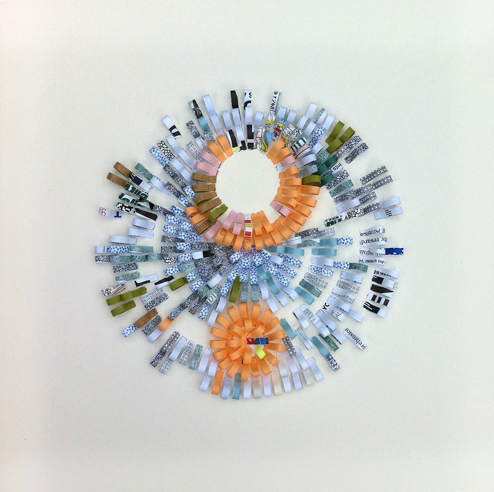 Shredded #43-  Blue orange abstract circle collage with shredded paper framed - Mixed Media Art by Pauline Galiana