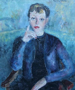 Dama de azul - Pintura al óleo impresionista británica de los años 50 retrato artista femenina