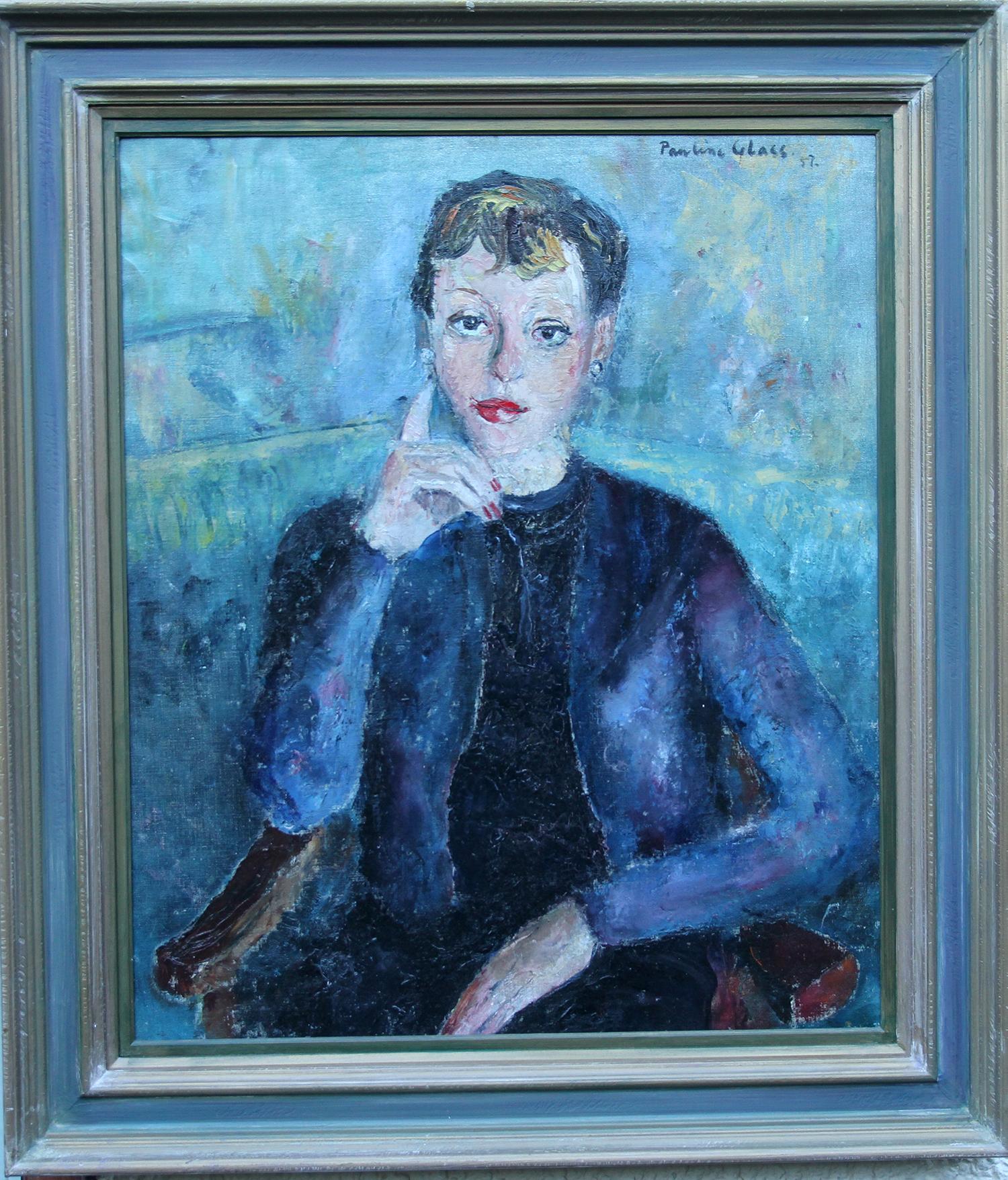 Lady in Blue - British 50's Impressionist oil painting portrait female artist  1