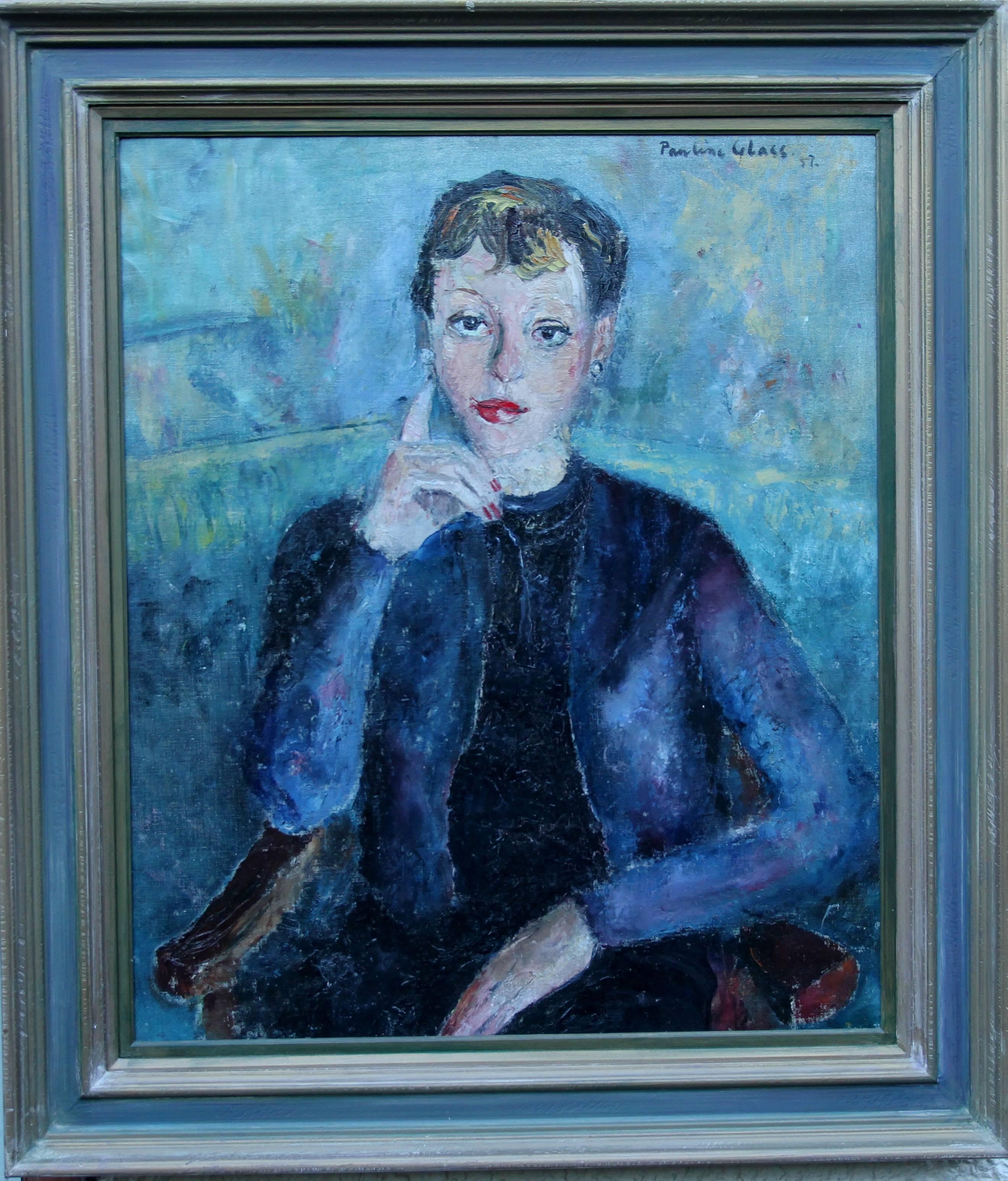 Pauline Glass Portrait Painting - Lady in Blue - British 50's Impressionist oil painting portrait female artist 