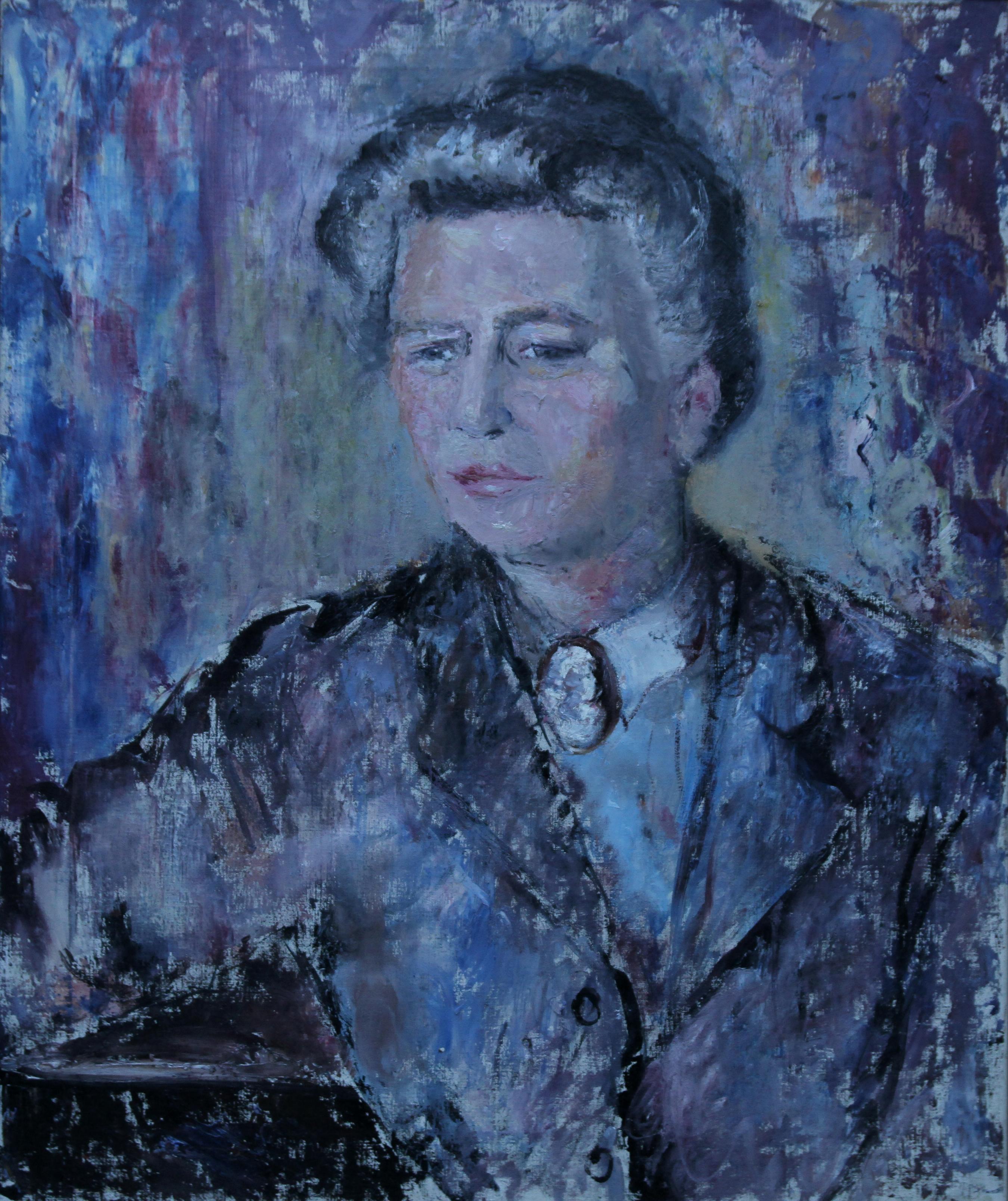 Lady in Purple - Peinture à l'huile impressionniste britannique des années 50 - Portrait de femme - Artiste en vente 6