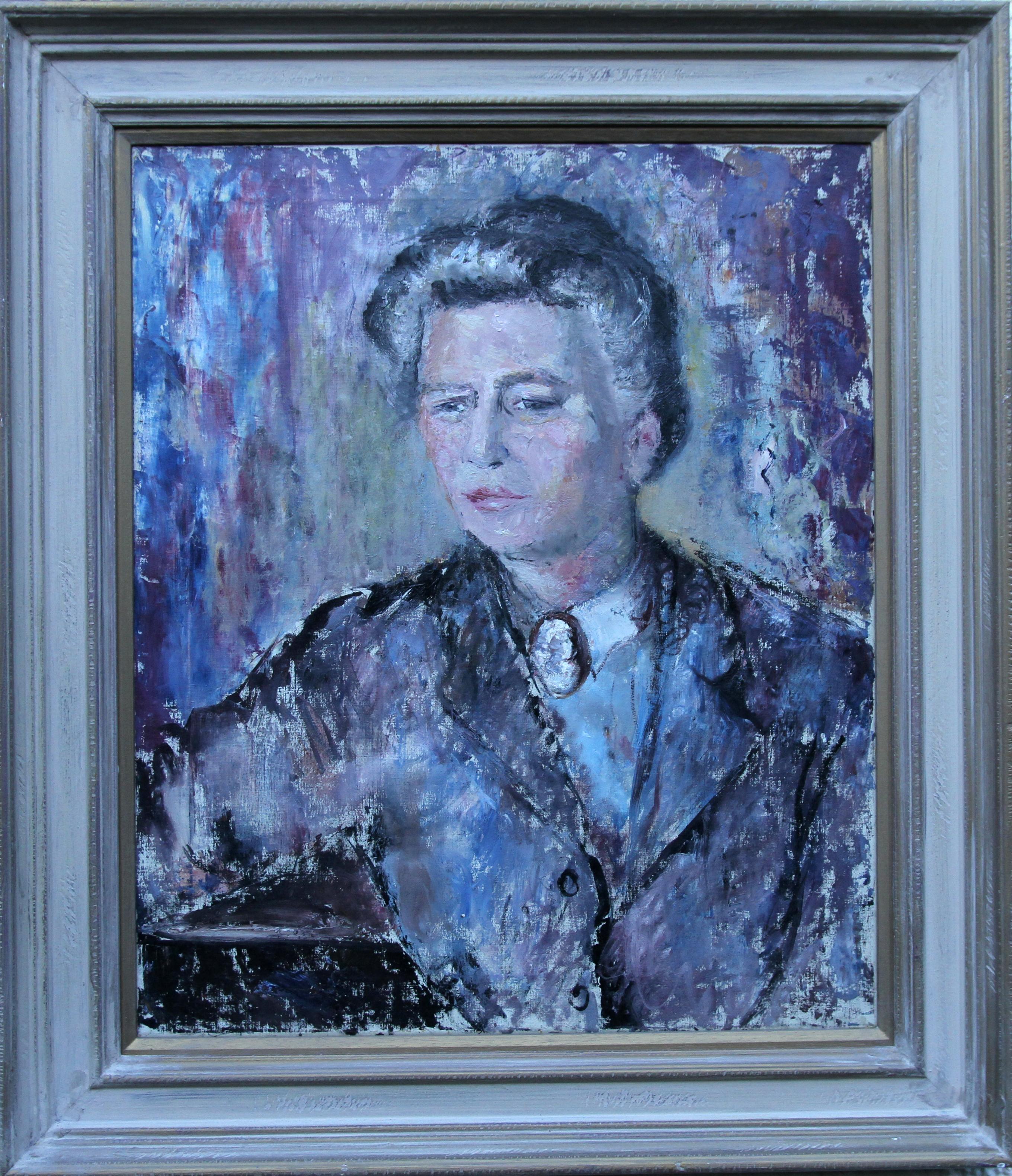 Lady in Purple - Peinture à l'huile impressionniste britannique des années 50 - Portrait de femme - Artiste en vente 7