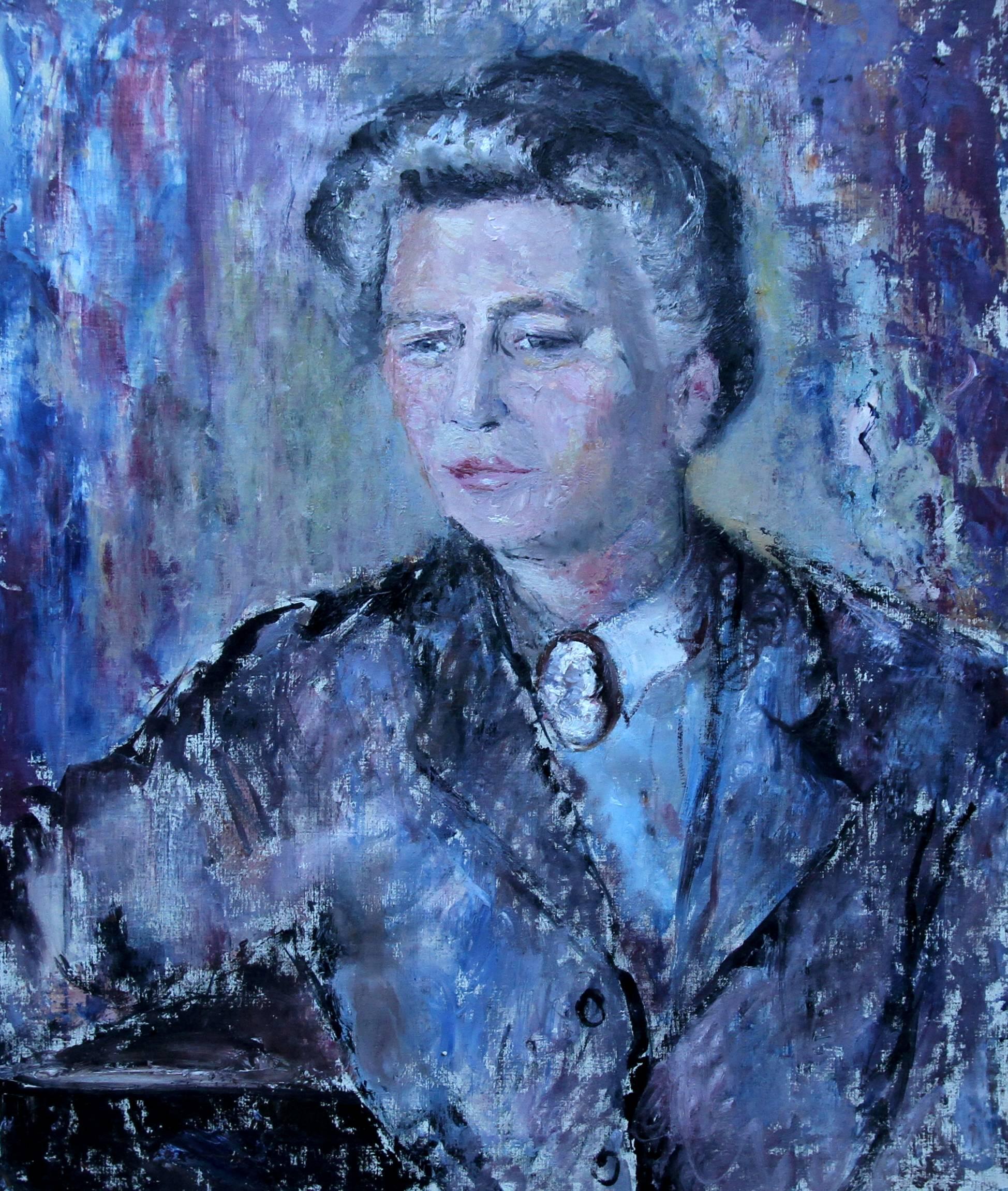 Lady in Purple - Peinture à l'huile impressionniste britannique des années 50 - Portrait de femme - Artiste - Painting de Pauline Glass